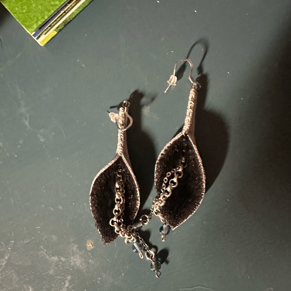 Handcrafted Black Leather Drop Earrings with Silver Chains